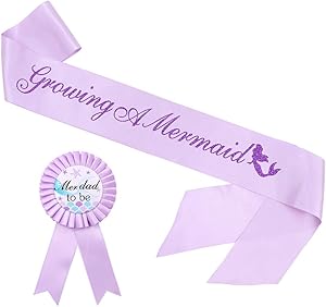 Growing A Mermaid Sash & Mer-Dad to Be Pin Kit - Under The Sea Baby Shower Gender Reveals Party Gifts (Purple)