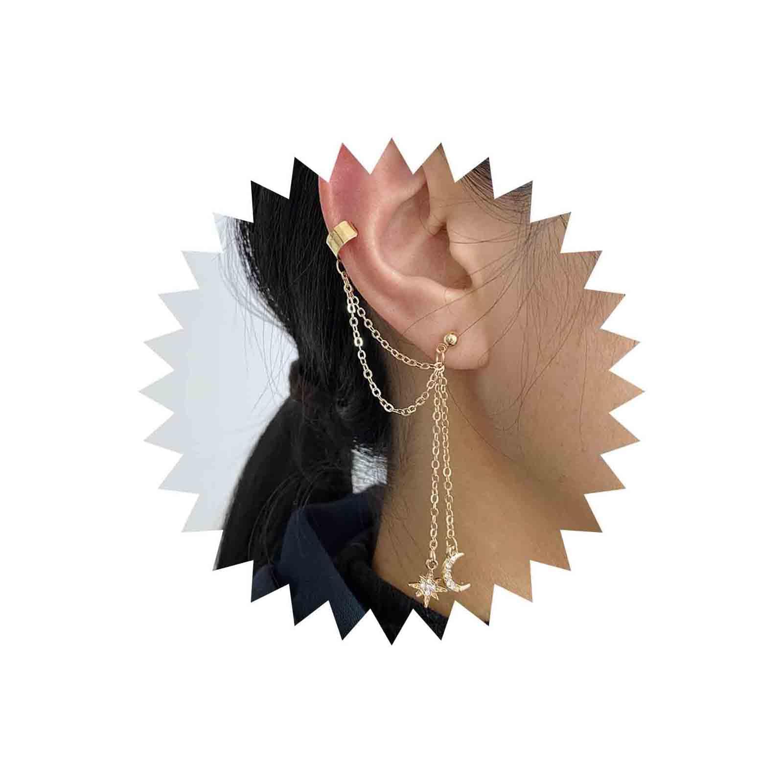 Aneneiceera Boho Rhinestone Star and Moon Drop Dangle Earring Fashion Gold Earring Long Tassel Earring Chain Earring Daily Party Vintage Earring Wedding Jewelry for Women and Girls