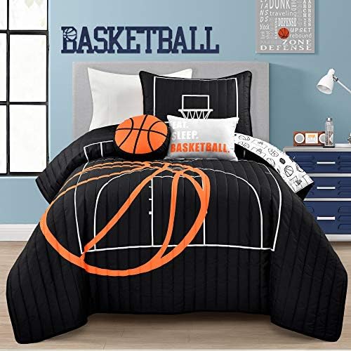 Lush Decor Basketball Sport 4 Piece Quilt Set, Twin, Black & Orange