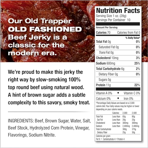 OLD TRAPPER BEEF JERKY, OLD-FASHIONED 10-OUNCE BAG, TENDER MEAT SNACKS FOR LUNCHES OR BETWEEN MEALS, 11 GRAMS OF PROTEIN, ZERO GRAMS OF FAT, AND 70 CALORIES PER OUNCE (PACK OF ONE)