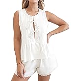 Sotimoon Womens Summer Short Sets 2 Piece Outfits Pleated Front Tie Tank Top and Shorts Cotton Pajamas Set