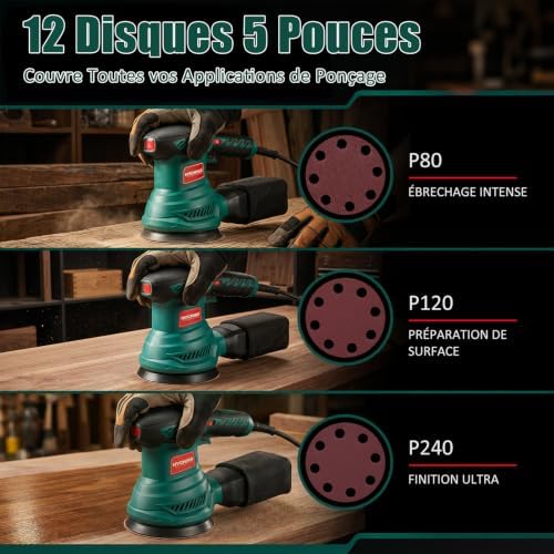 HYCHIKA Ponceuse Excentrique, 6 Vitesses Variables 300W 13000RPM Ponceuse Orbitale, 12Pcs Disque Abrasif 125mm, Ponceuse Bois avec Collecte de Poussière pour le Polissage du Ponçage du Bois