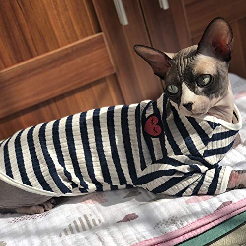 DENTRUN Hairless Cats Shirt Cat Wear Clothes Stripe Vest Best Hairless Cat's Adorable Clothes Cat's Pajamas Jumpsuit for All Season, Soft & Skin-Friendly
