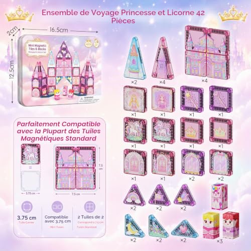 Magnetic Blocks Travel Kit for Girls: 60 min Quiet Play, 42 Unicorn & Princess Magnetic Tiles, Portable Tin Box for Car and Airplane, Gift for Ages 3-6