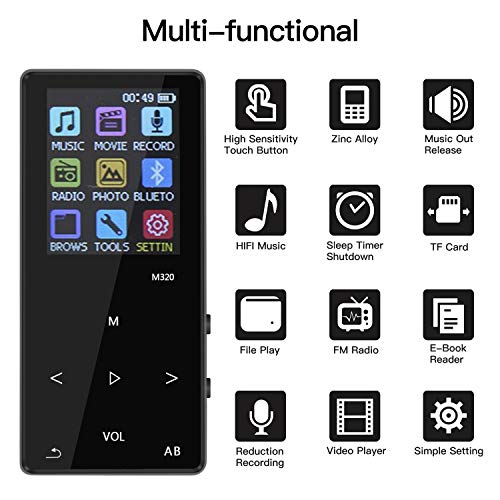 MP3 Music Player with Bluetooth, ASINNO 16GB Digital Lossless MP3/MP4 Audio Player with Voice Recorder/FM Radio/Media Player/E-Book Reader/Photo Viewer, Support up to 128GB-Black