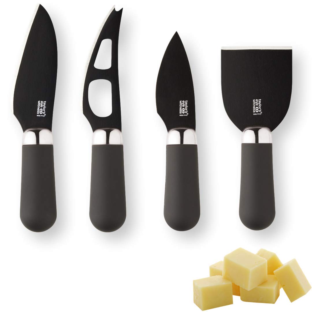 Taylors Eye Witness Chrome 4pc Cheese Knife Set - Stylish Brooklyn Range Cheese Knives Box Set. with Hard Ceramic Blades & Soft Grip Handles for Easy Control. 2 Year Guarantee.
