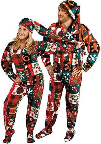 Ugly Christmas Sweater Fleece Drop Seat Footed Pajamas with Long Night Cap