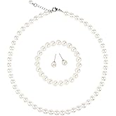 LZMEI White Faux Hand Glass Imitation Pearls Necklace Earring Bracelet Jewelry 3 Set for Women and Girls
