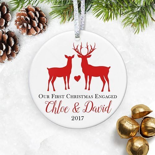 He Proposed She Said Yes! Our First Christmas Engaged Ornament 2019, Personalized Woodland Deer Ornament For Newly Engaged Couple - 3" Flat Circle Ceramic Ornament - Gold & Silver Ribbon | PGM-OR-68b