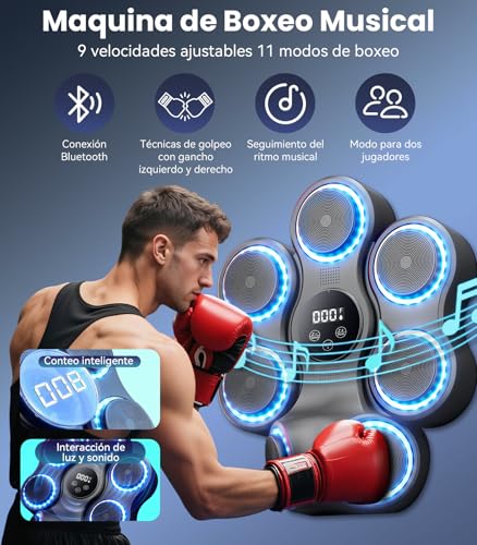 Maquina de Boxeo Musical, 9 velocidades Ajustables 11 Modos de Boxeo, Gancho Izquierdo y Derecho, con Bluetooth, con Guantes de Boxeo montados en la Pared, Apto para Adultos y Niños