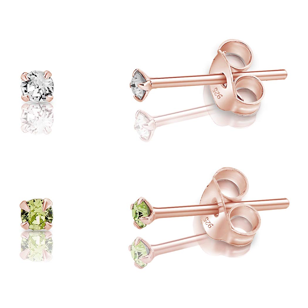 DTPSilver - Set of 2 PAIRS of 925 Sterling Silver Rose Gold plated Round TINY Stud Earrings made with Glittering Crystals from Swarovski® Elements - Diameter: 2 mm - Colour : Peridot