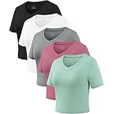 Xelky Women's Crop Dry Fit T-Shirt Workout Short Sleeve Solid Cropped Top V Neck Casual Fitted Yoga Tees