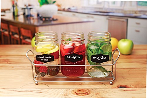 3-pc Mason Jar Flatware Caddies - 17 Oz. Vintage Clear Glass Utensil Organizer with Black Chalk Label on Metal Caddy with Handles - Lightweight Space-Saver Home and Party Drinkware Set - Thumbnail 2