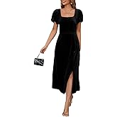 BLENCOT Women's Casual Fall Short Sleeve Square Neck Midi Dress Side Slit Velvet Wedding Guest Flowy Party Dresses