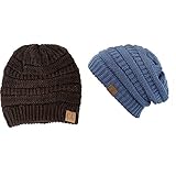 Trendy Warm Chunky Soft Stretch Cable Knit Slouchy Beanie Skully HAT20A (One Size, 2 Pack: Brown/Denim)