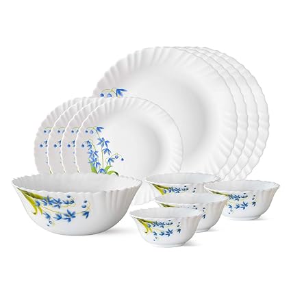 Larah by Borosil Lavender Opalware Dinner Set, 13-Pieces, White