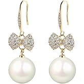 MIKAMU 14K Gold Ribbon Bow Stud Earrings for Women CZ cubic zirconia Gold Plated Pearl Earring for Women Jewelry