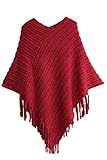 Novawo® Womens Elegant Tassel Poncho Cape Shawls Batwing Knit Sweater Cloak (Red)