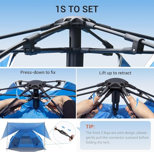 Elegear Tienda para Playa con UPF 50+ Refugio Solar de Playa Ligero, Instantáneo Portátil Carpa para Playa Camping, Tienda Sombra con Cremallera Extendida para Camping de Playa, Azul