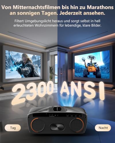 4K Projector UHD 2300 ANSI Daylight Projector Indoor Home Cinema HDR10 WiFi6 Bluetooth NFC Smart Android Projectors Auto Focus/Trapezoidal Correction HDMI ARC USB WLAN Streaming Apps Cinema Gaming