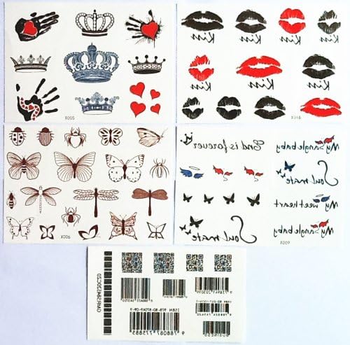 GGSELL GGSELL new design hot selling temporary tattoo stickers combination 5pcs/package different designs, it includes barcodes/colorful black and white butterflies/dragonflies/beetles/black and red lips/crown/red heart/hand/etc.