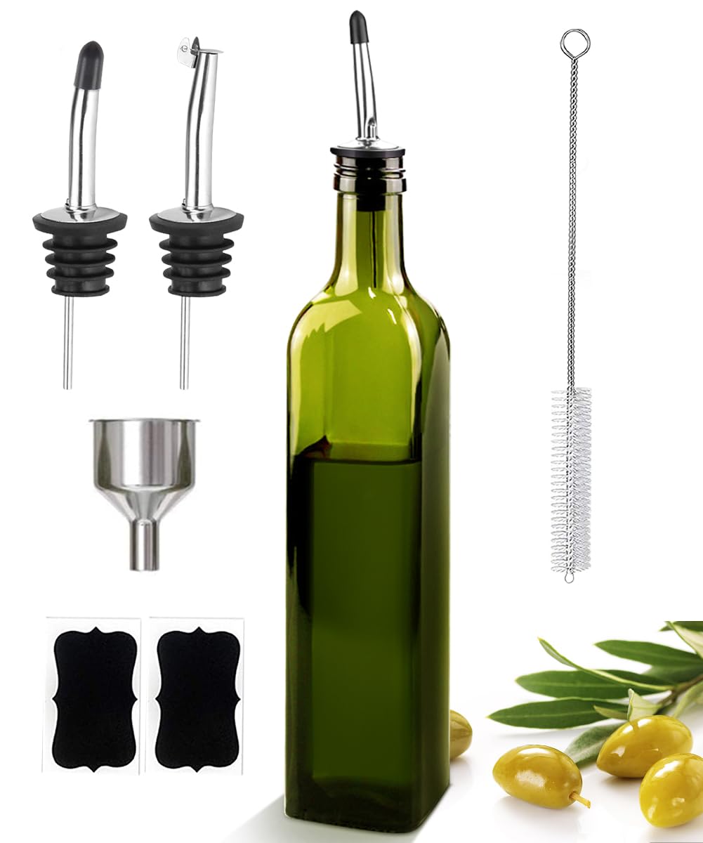 Photo 1 of Leaflai Olive Oil Dispenser Bottle, 17oz Glass Olive Oil Dispenser and Vinegar Dispenser Set 500ml Green Glass Olive Oil Bottle Dispenser with Pourers,Funnel and Brush