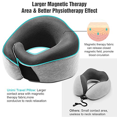 Unimi Travel Pillow,100% Pure Memory Foam & Magnetic Therapy Neck Pillow Soft & Comfortable 2020 Airplane Pillow with Silk Sleep Mask Earplugs for Airplane,Car,Travel,Nap