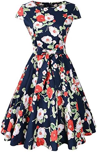 Chicanary Women's 1950s Vintage Cocktail Party Swing Dress Cap-Sleeve (X-Large, Navy Floral)