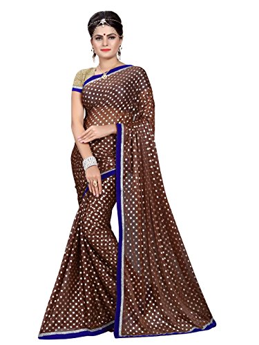 Shonaya Women's Printed Lycra Brown Designer Saree With Unstitched Blouse Piece