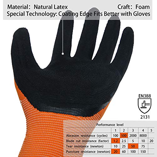 FWPP GL008005L12 Nylon Latex Foam Coated Work Gloves Construction Gloves Pack of 12 Pairs Large Fluorescence Orange