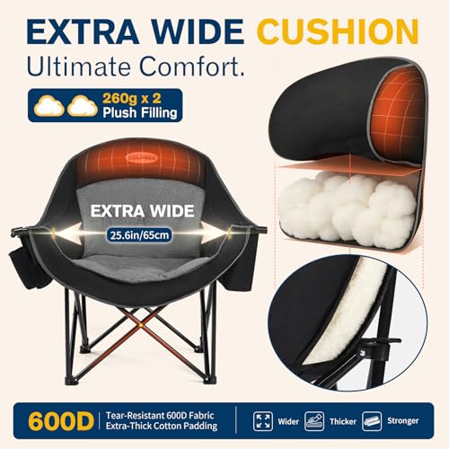 Coldbee Oversized Camping Chairs for Adults - Heavy Duty Padded Folding Lawn Chairs with Cup Holders & Cooler Bag, Comfy Outdoor Chair for Picnic, Beach, Fishing (Black)