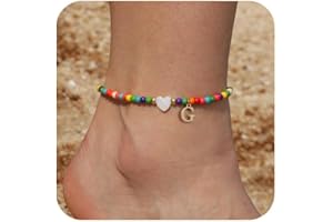 Honsny Ankle Bracelets for Women Initial Anklets Waterproof Boho Beaded Dainty Ankle Bracelets for Teen Letter Heart Handmade Adjustable Foot Chain Anklet Summer Vacation Colorful Jewelry Gift