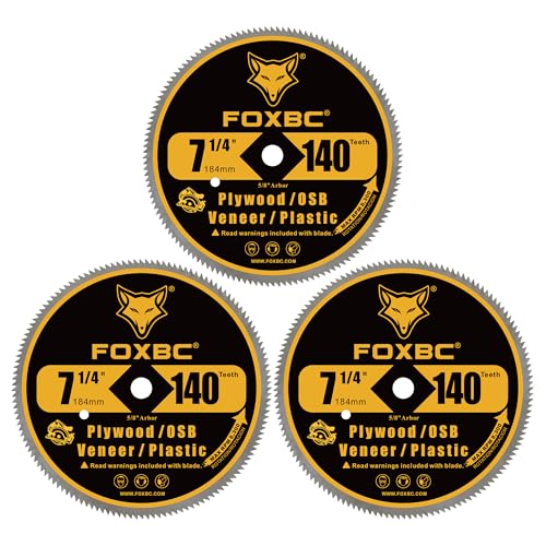 FOXBC 7-1/4 Inch 140 Tooth Fine Finish Carbon Circular Saw Blade for Plywood, OSB, Plastic, Veneer, Vinyl Wood Cutting with 5/8-Inch Diamond Arbor