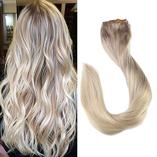 Full Shine Clip In Real Human Hair Extensions 18 Inch Clip In Balayage Remy Human Hair Color #18 Ash Blonde Fading to #22 and #60 Platinum Blonde Full Head Straight Extensions 9 Pcs 120 Gram Clip Ins