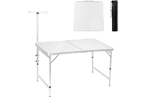 Moosinily Camping Table 4ft Folding Table with Lamp Pole Fold up Lightweight Portable Table Adjustable Height Picnic Table for Outdoor Indoor Pop up Bar Party BBQ Beach Grill Travel RV White