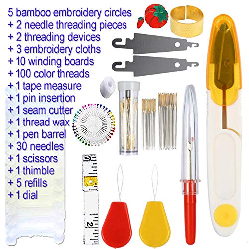 Embroidery Starter Kit with Instruction, 100 Colors Threads, 40 Sewing Pins, 3 Pieces Aida Cloth, Embroidery Hoops Set,Full Range Embroidery kit Cross Stitch Tool Kit for Adults Beginners (White-1)