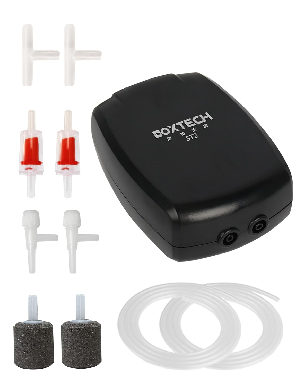 boxtech Aquarium Air Pump Kit, Double Outlet Oxygen Pump for Fish Tank with Accessories Include bubble stone, air hose, check valves (3.5W)