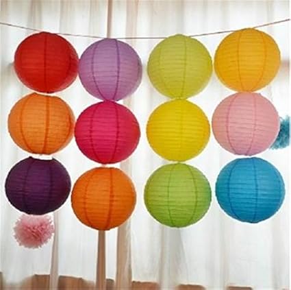 ROYALS Hanging Lantern Rice Paper Ball Lamp Shade (12inch, Mix Colour) - Pack of 10
