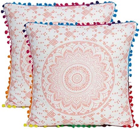 Ombre 16X16 Indian Ethnic Mandala Bohemian Cotton Square Decorative Boho Throw Pillow Case Cushion Cover Set of 2 (Pink)