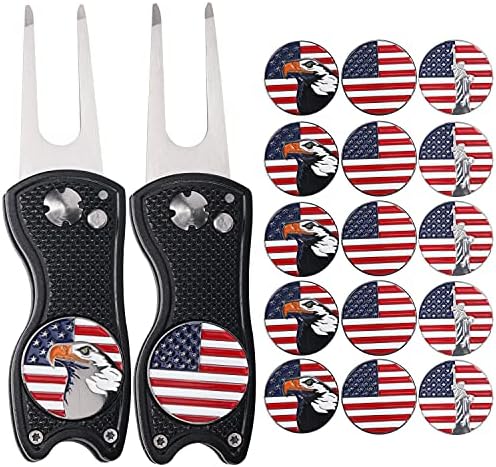 LOEO 2-Pack Metal Foldable Golf Divot Tool and 15 Golf Magnetic Ball Markers, 3 Assorted Patterns, Pop-up Button