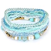 Fuqimanman2020 Boho Multilayer Crystal Beaded Stackable Stretch Bracelets Strand Elestic Simulated Pearl Bohemian for Women Boho Handmade Jewelry