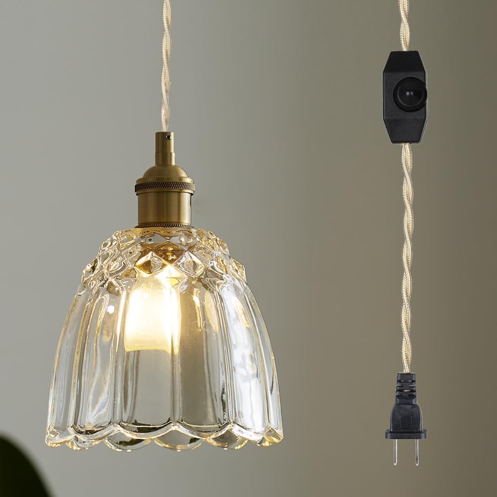 Photo 1 of Sedelan Vintage Plug in Pendant Light, Glass Pendant Lights for Kitchen Island, Hanging Light with Plug in Cord for Bedroom, Hallway, Living Room, Dining Room, Adjustable, E26