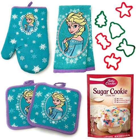 Sister Novelties Frozen 4pc Kitchen Set Bundled with Set of 6 Christmas Plastic Cookie Cutters and Betty Crocker Sugar Cookie Baking Mix (5 Items), Baking Essentials for Kids, Holiday Presents