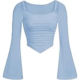 Floerns Girls Bell Long Sleeve Square Neck Asymmetrical Hem Mesh Ruched Crop Tops Tees