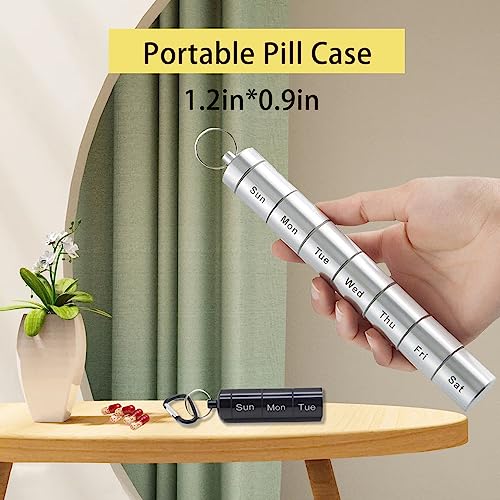 Metal Pill Holder, 2 Pack Small Portable Pill Container Travel Pill Box Waterproof Metal Pill Organizer Weekly for Travel (Black and Silver)