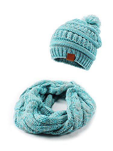 Crush Kids Girls Knit Pompom Beanie Hat and Scarf Set One Size Fits Most Plain Turquoise Blue