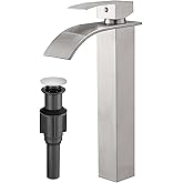 RUMOSE Tall Brushed Nickel Bathroom Faucet with Pop Up Drain Modern Single Handle One Hole Bathroom Vessel Sink Faucet Waterfall Spout Rv Lavatory Vanity Faucet Deck Mount Mixer Tap, Stainless Steel