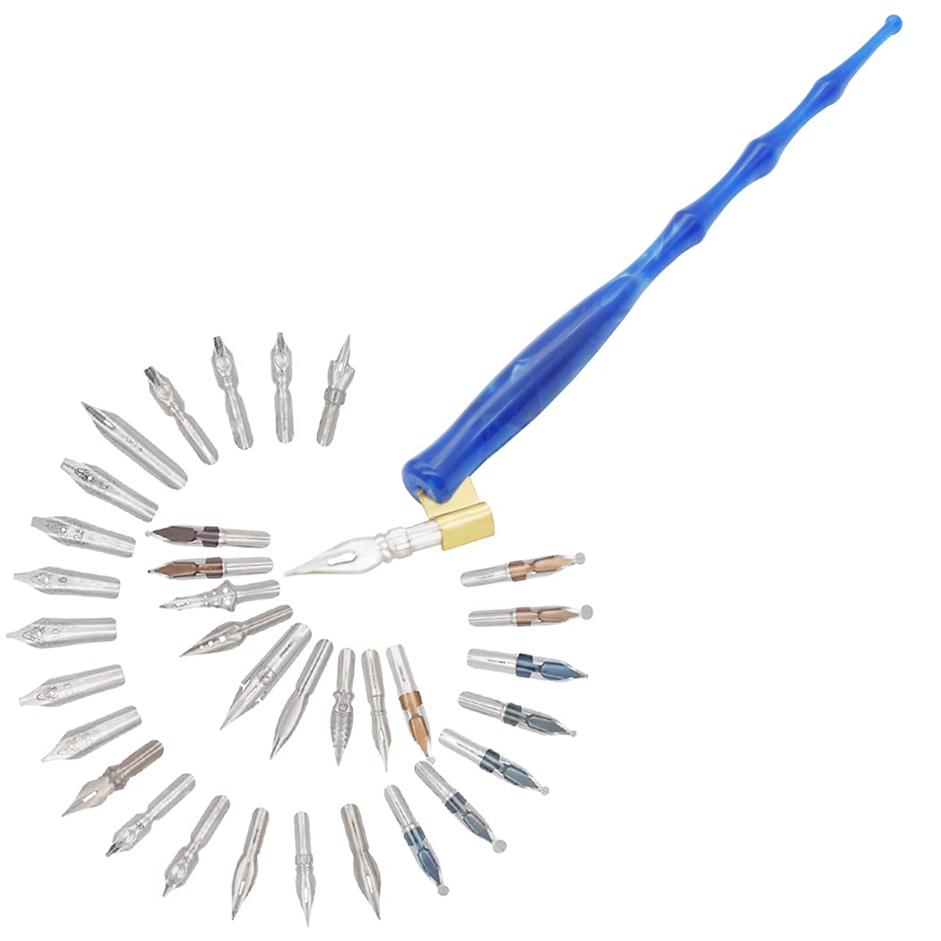 Gullor Calligraphy Pens Set - Resin Dip Pen Handcrafted Calligraphy Set with 33 Nibs, Blue