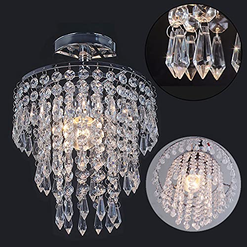 Modern Crystal Chandelier Flush Mount LED Ceiling Light 3 Layers K9 Crystal Droplets E26 Bulb