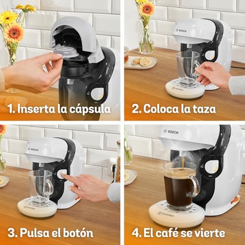 Tassimo Happy Friendly máquina de café multi-bebidas, até 70 bebidas, OneTouch, preparação individual, design compacto, Intellibrew, branco, TAS114E
